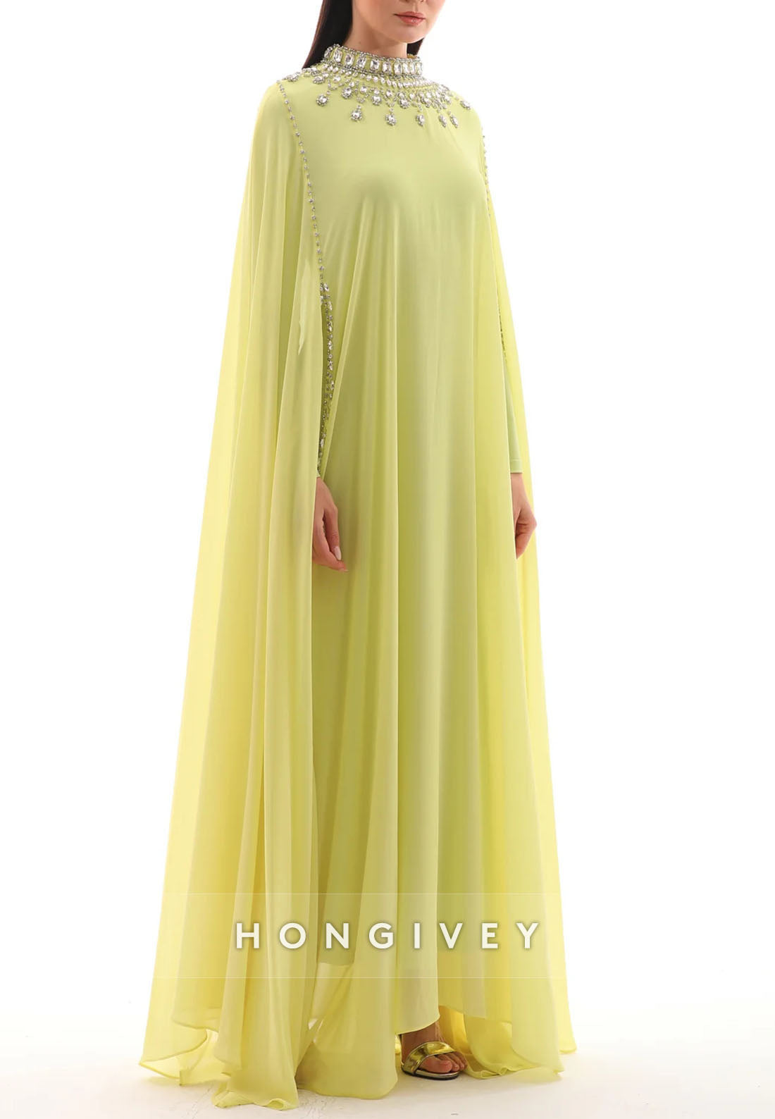 Elegant Long Sleeves High Neck Floor-Length Evening Gowns with Cape