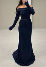 Off the Shoulder Long Sleeve Beaded Sparkle Mermaid Floor-Length Evening Dress