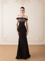 Black Off the Shoulder Flowers Applique Sleeveless Mermaid Bow Backless Evening Dress