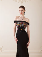 Black Off the Shoulder Flowers Applique Sleeveless Mermaid Bow Backless Evening Dress