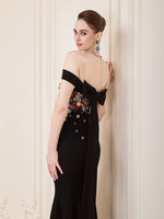 Black Off the Shoulder Flowers Applique Sleeveless Mermaid Bow Backless Evening Dress