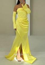 Yellow Strapless Floor-Length Trumpet Evening Gowns with Side Slit