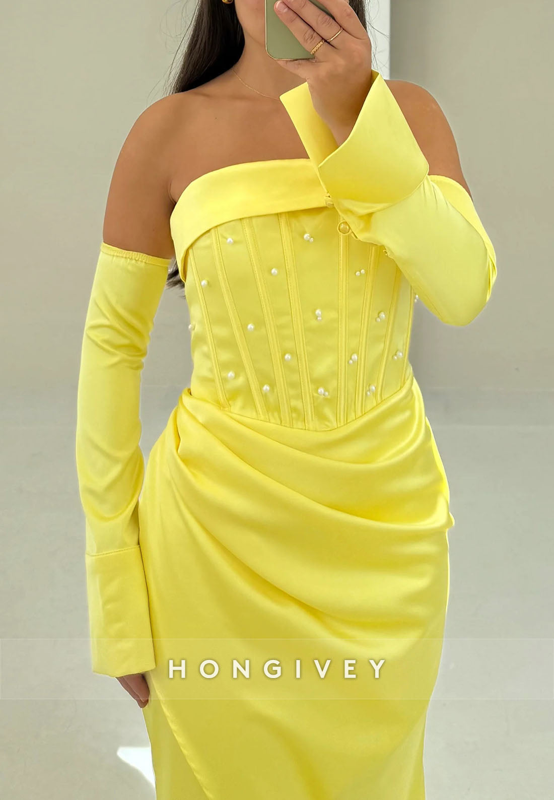 Yellow Strapless Floor-Length Trumpet Evening Gowns with Side Slit
