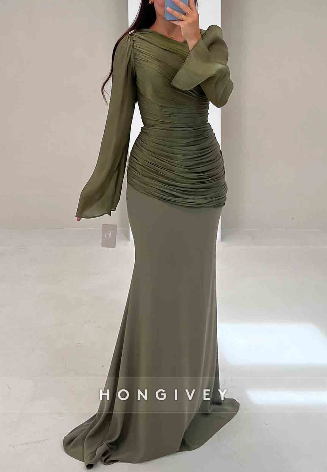 Floor-Length Trumpet Long Sleeves Tie Back Evening Gowns with Ruffles