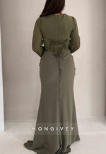Floor-Length Trumpet Long Sleeves Tie Back Evening Gowns with Ruffles