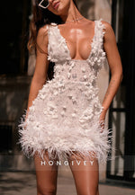 Gorgeous Low V-Neck Sheath Mini Homecoming Dress with Appliques and Feather