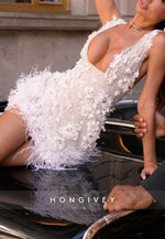 Gorgeous Low V-Neck Sheath Mini Homecoming Dress with Appliques and Feather