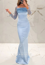 Light Blue Satin Long Sleeves Floor-Length Sequined Mermaid Evening Gowns