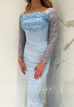 Light Blue Satin Long Sleeves Floor-Length Sequined Mermaid Evening Gowns