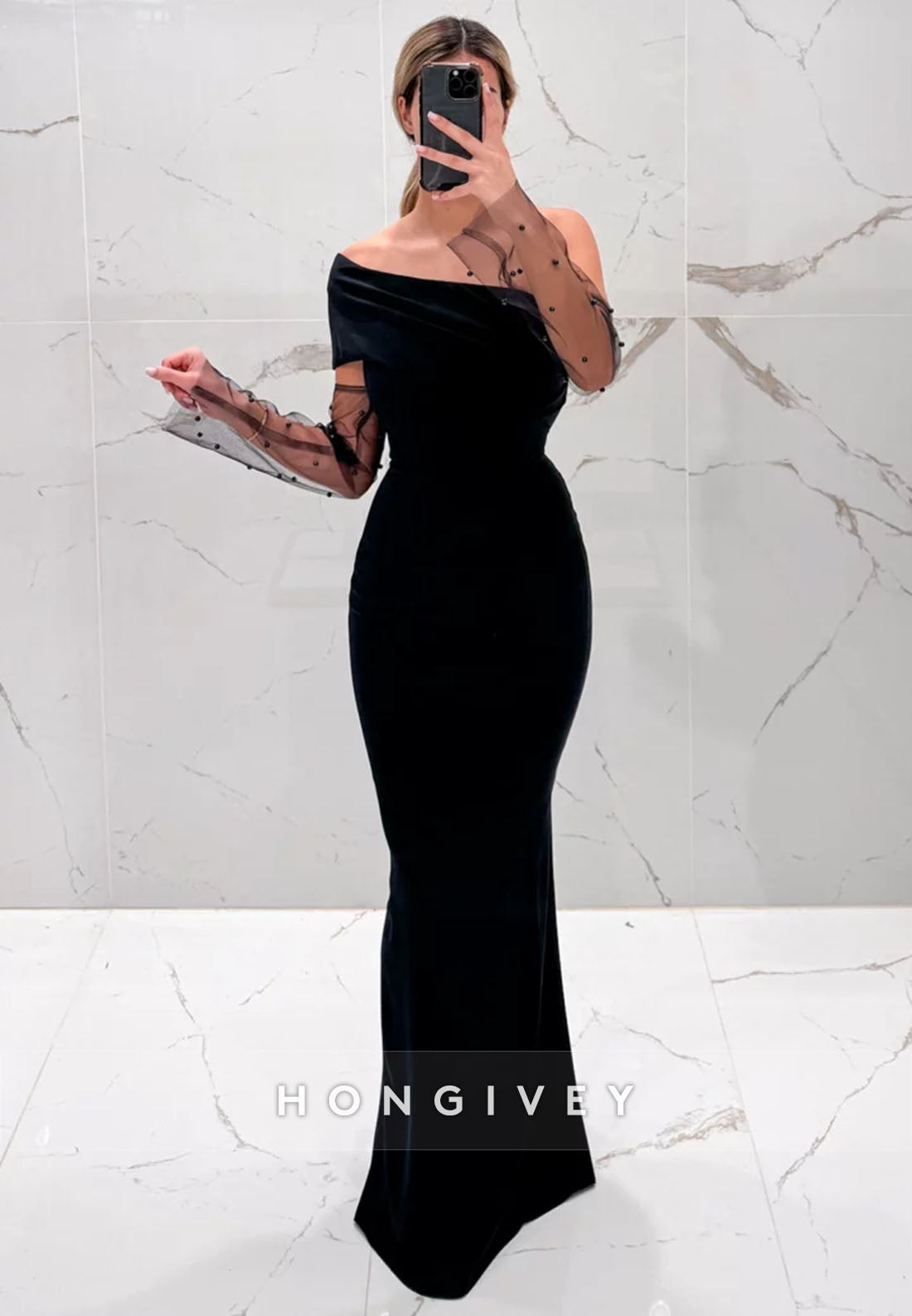 Black One Shoulder Long Sleeves Mermaid Floor-Length Evening Gowns