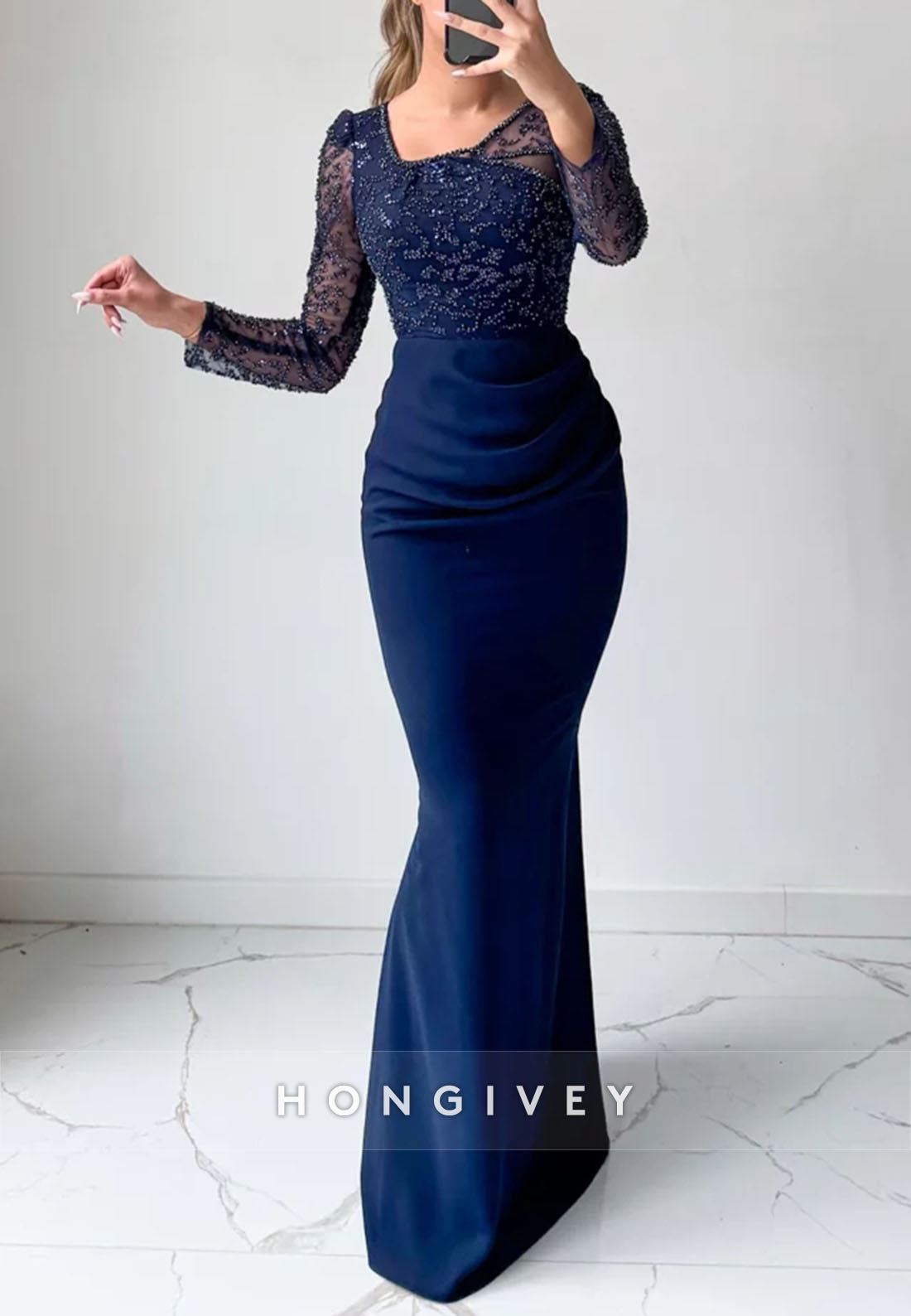 Long Sleeves Detachable Navy Blue Floor-Length Mermaid Evening Gowns