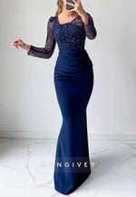 Long Sleeves Detachable Navy Blue Floor-Length Mermaid Evening Gowns