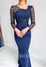 Long Sleeves Detachable Navy Blue Floor-Length Mermaid Evening Gowns