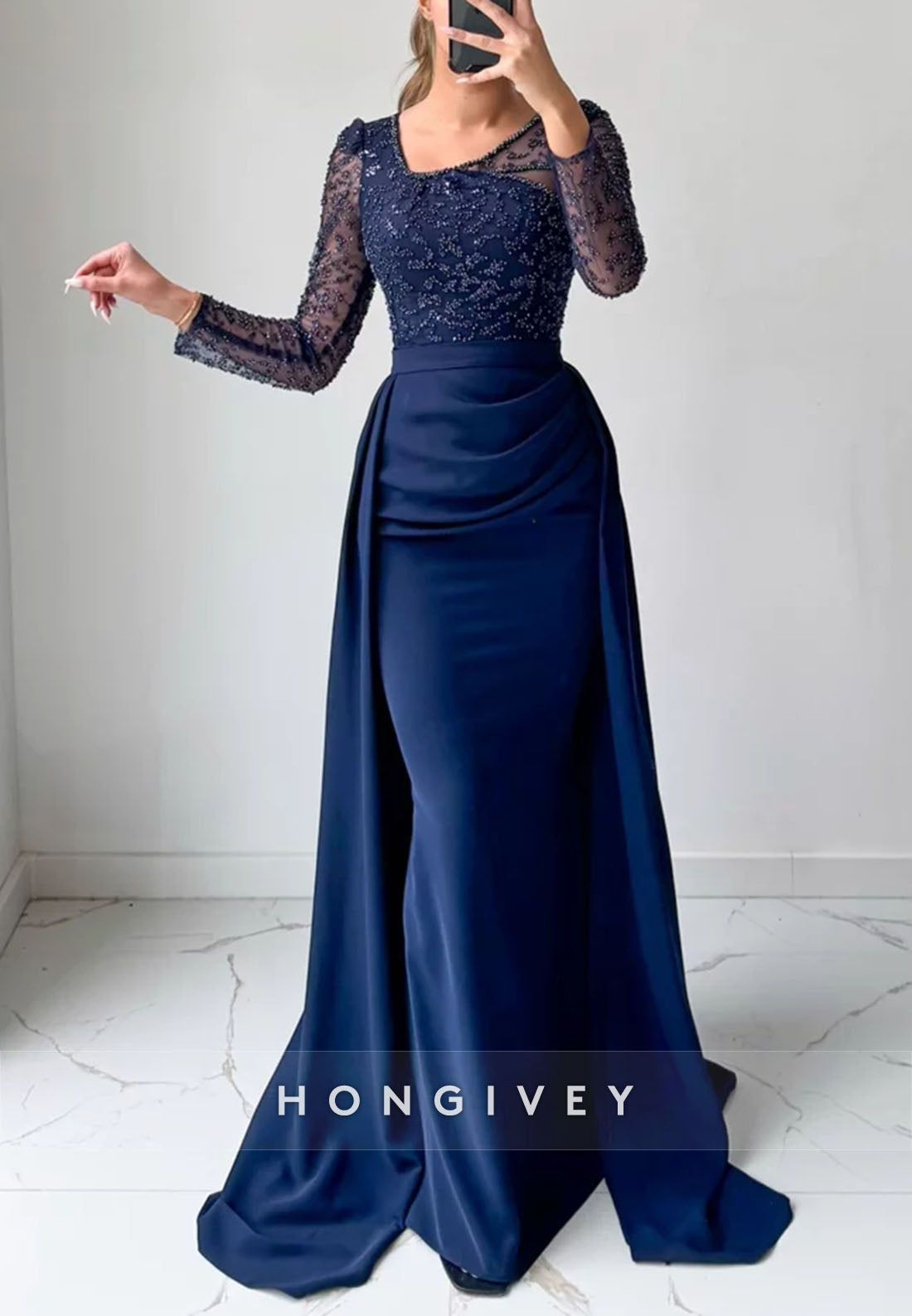 Long Sleeves Detachable Navy Blue Floor-Length Mermaid Evening Gowns