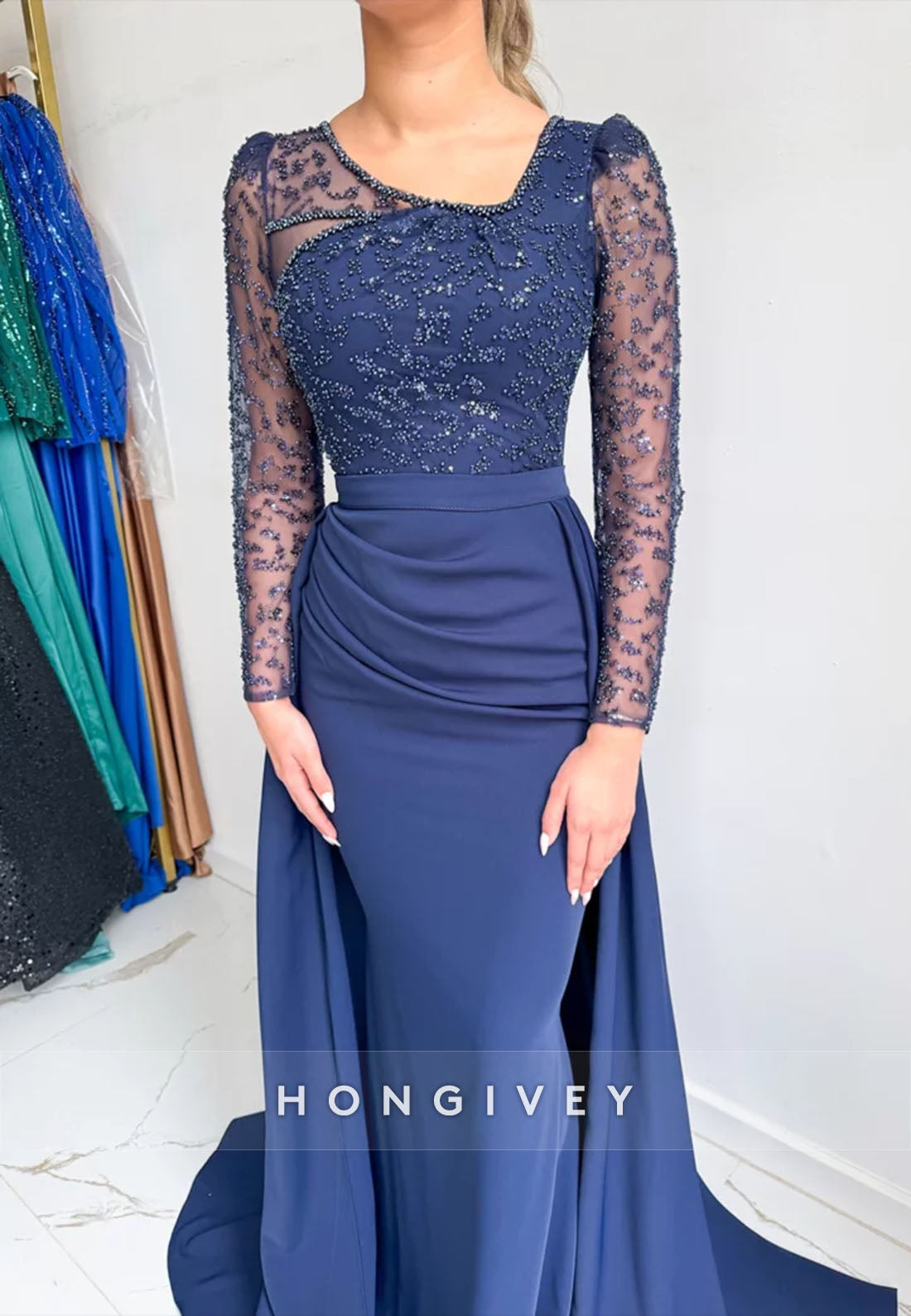 Long Sleeves Detachable Navy Blue Floor-Length Mermaid Evening Gowns