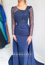 Long Sleeves Detachable Navy Blue Floor-Length Mermaid Evening Gowns