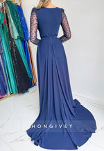 Long Sleeves Detachable Navy Blue Floor-Length Mermaid Evening Gowns