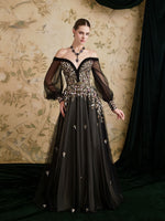 Sequins Sparkle Applique Off the Shoulder Long Sleeve Tulle A-Line Evening Dress