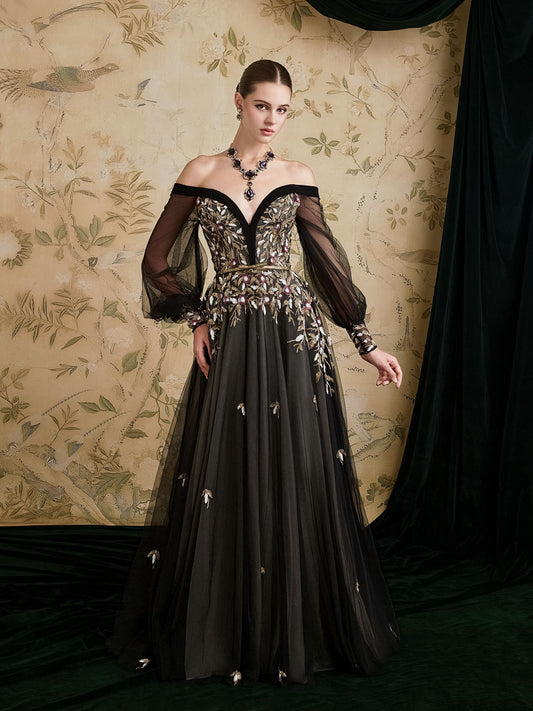 Sequins Sparkle Applique Off the Shoulder Long Sleeve Tulle A-Line Evening Dress