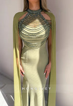 Green Halter Neck Floor-Length Mermaid Evening Gown with Draping