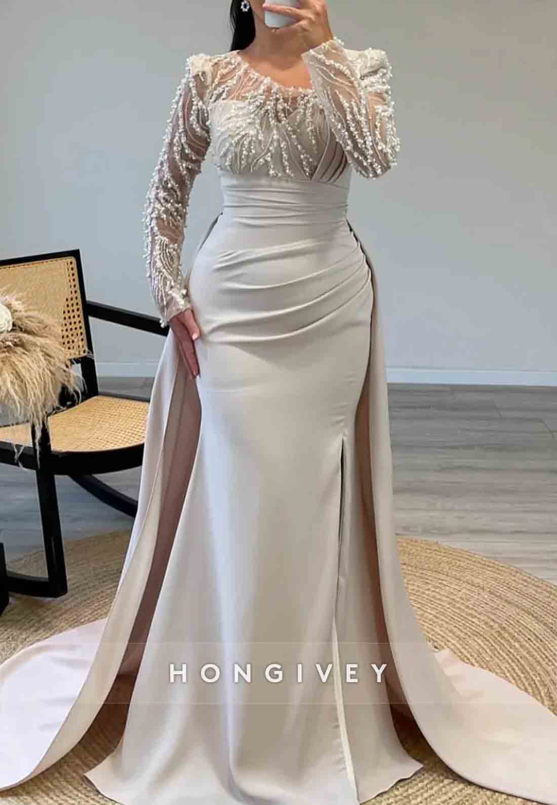 Long Sleeves Beading Floor-Length Pleated Trumpet Illusion Neck Evening Gowns