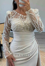 Long Sleeves Beading Floor-Length Pleated Trumpet Illusion Neck Evening Gowns