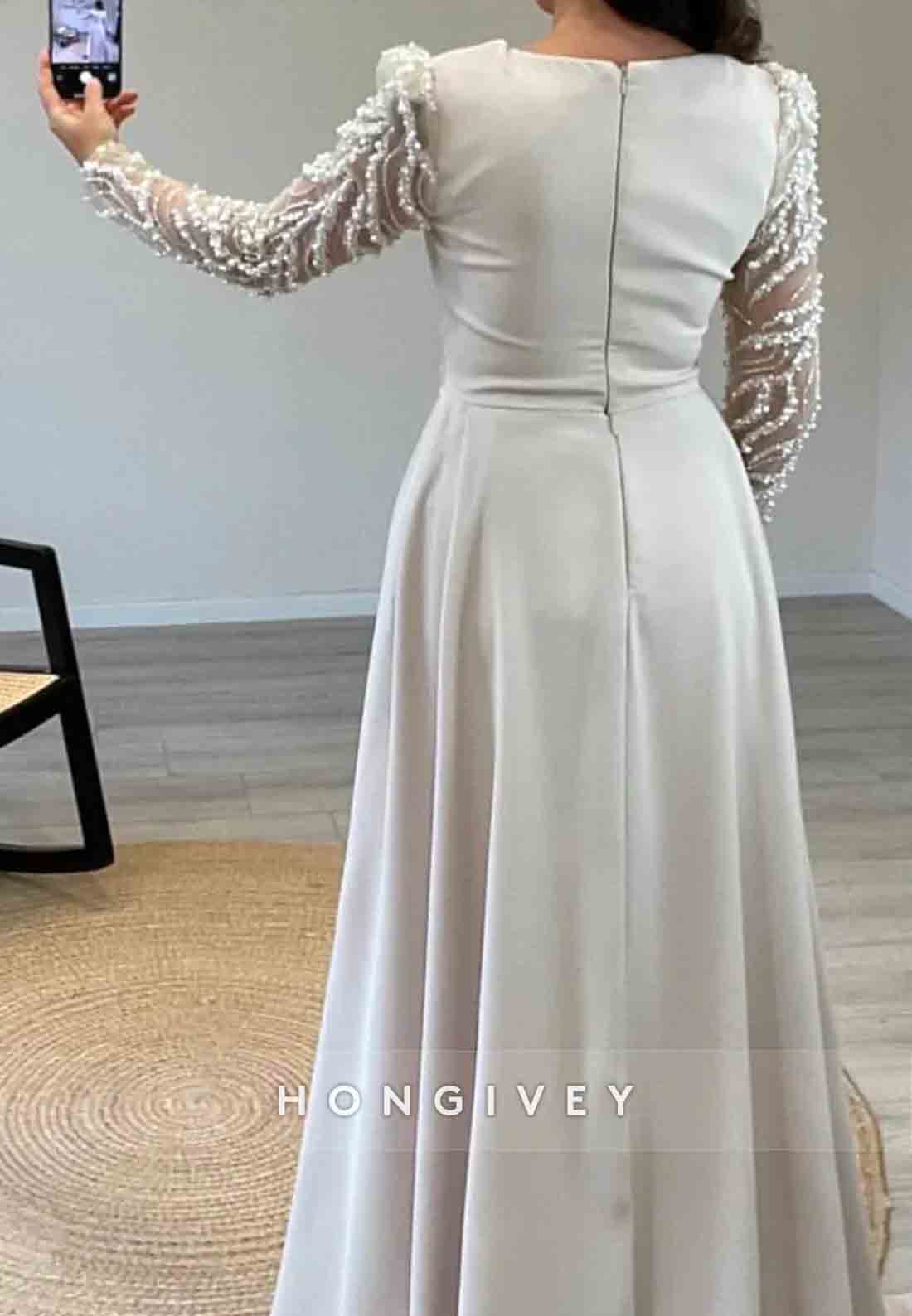 Long Sleeves Beading Floor-Length Pleated Trumpet Illusion Neck Evening Gowns