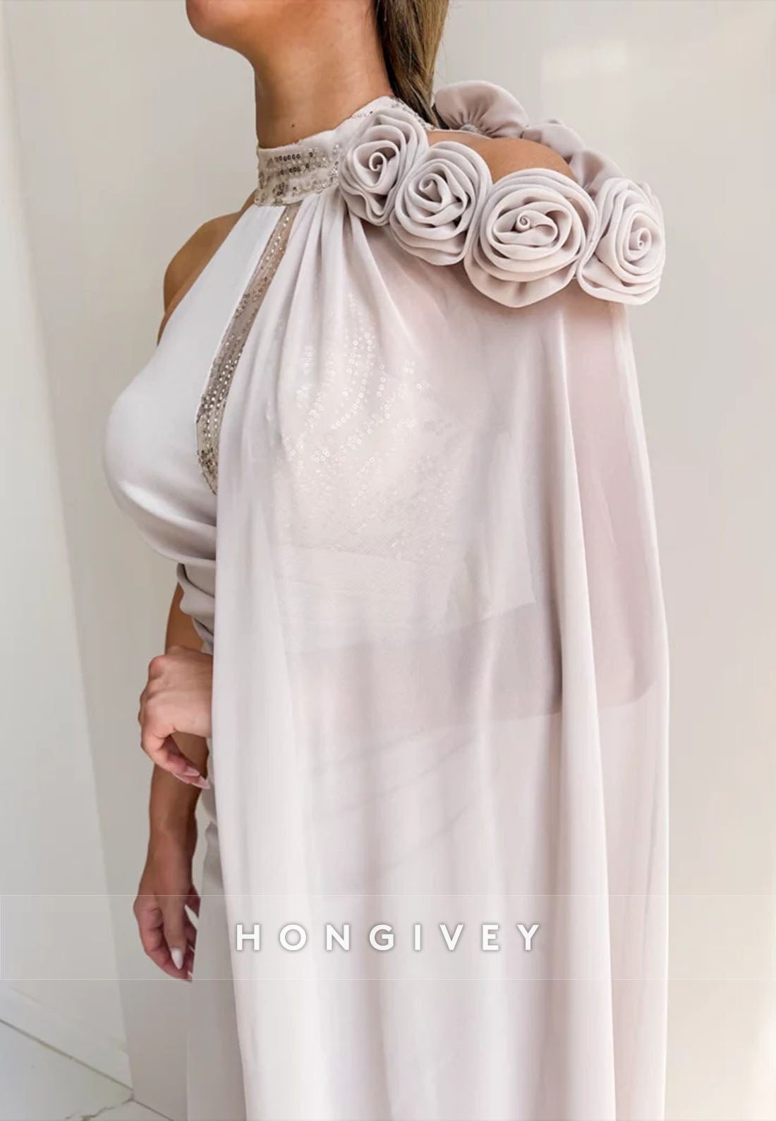 One Shoulder Side Slit Shoulder Flower Side Draping Trumpet Evening Gowns