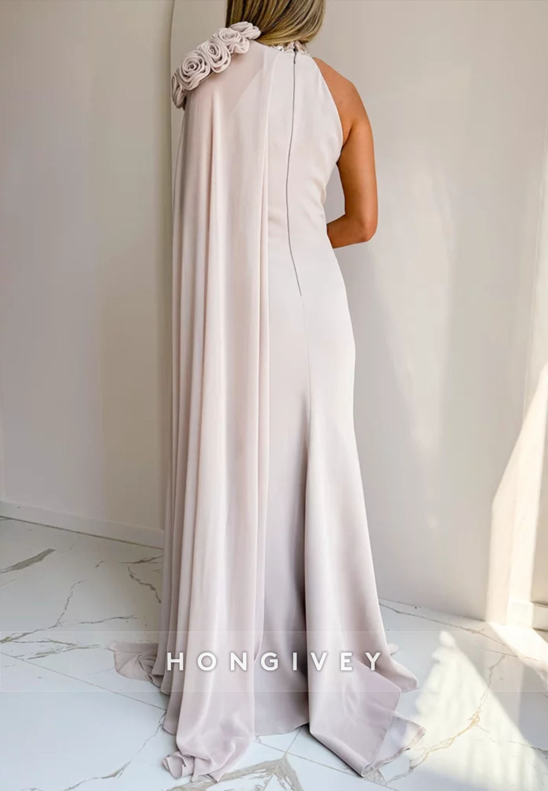 One Shoulder Side Slit Shoulder Flower Side Draping Trumpet Evening Gowns