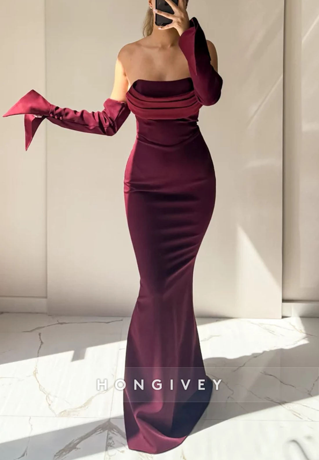 Burgundy Strapless Floor-Length Crisscross Back Mermaid Evening Gowns