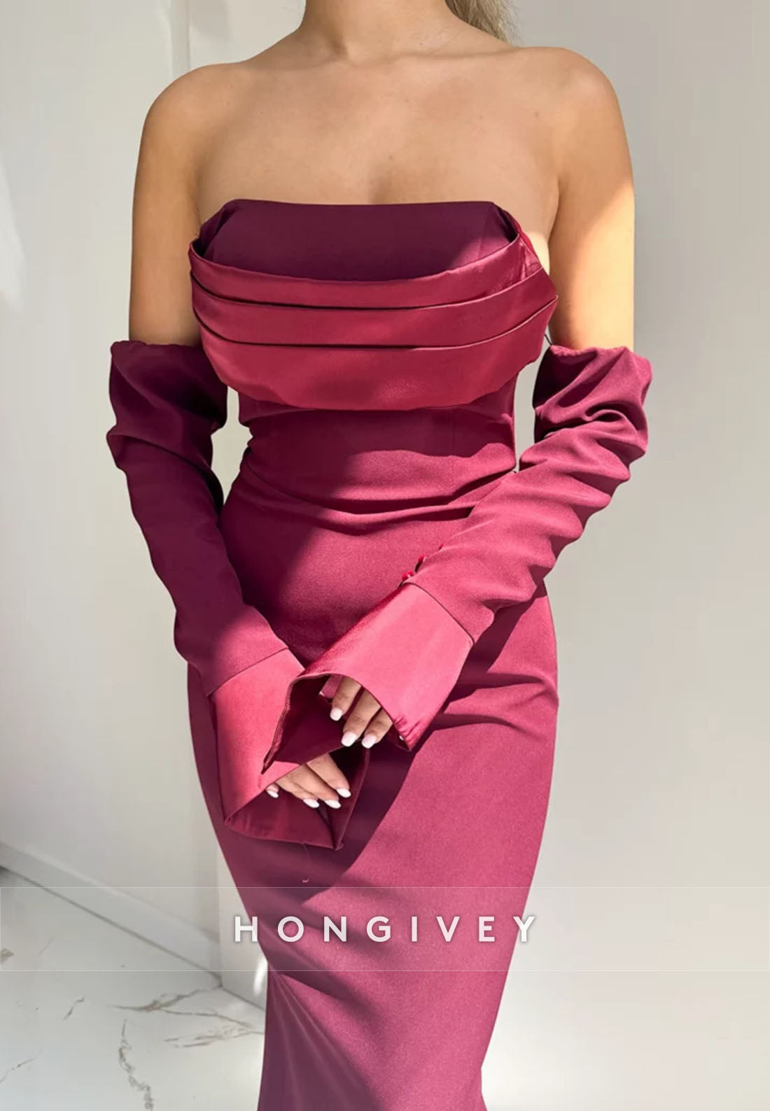 Burgundy Strapless Floor-Length Crisscross Back Mermaid Evening Gowns