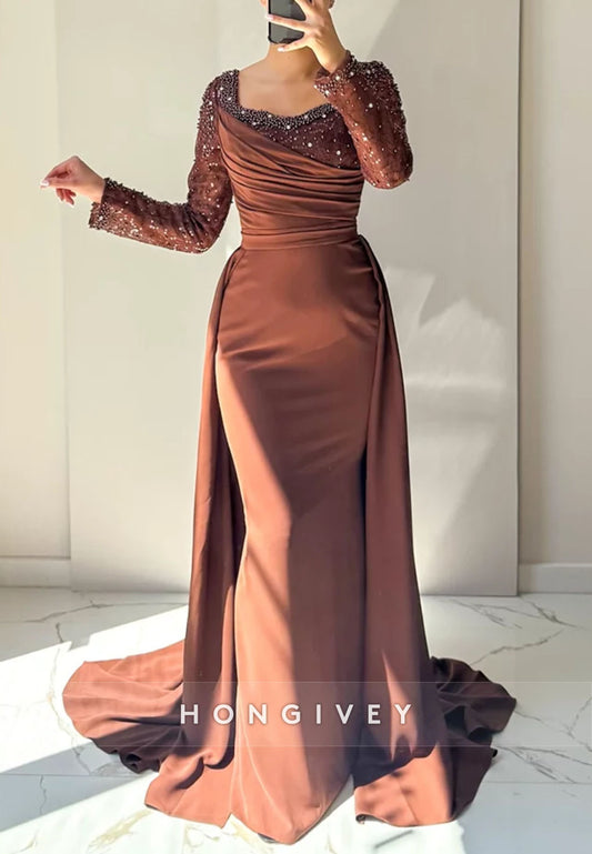 Long Sleeves Detachable Pleated Mermaid Evening Gowns with Beading