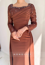 Long Sleeves Detachable Pleated Mermaid Evening Gowns with Beading