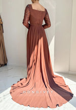 Long Sleeves Detachable Pleated Mermaid Evening Gowns with Beading