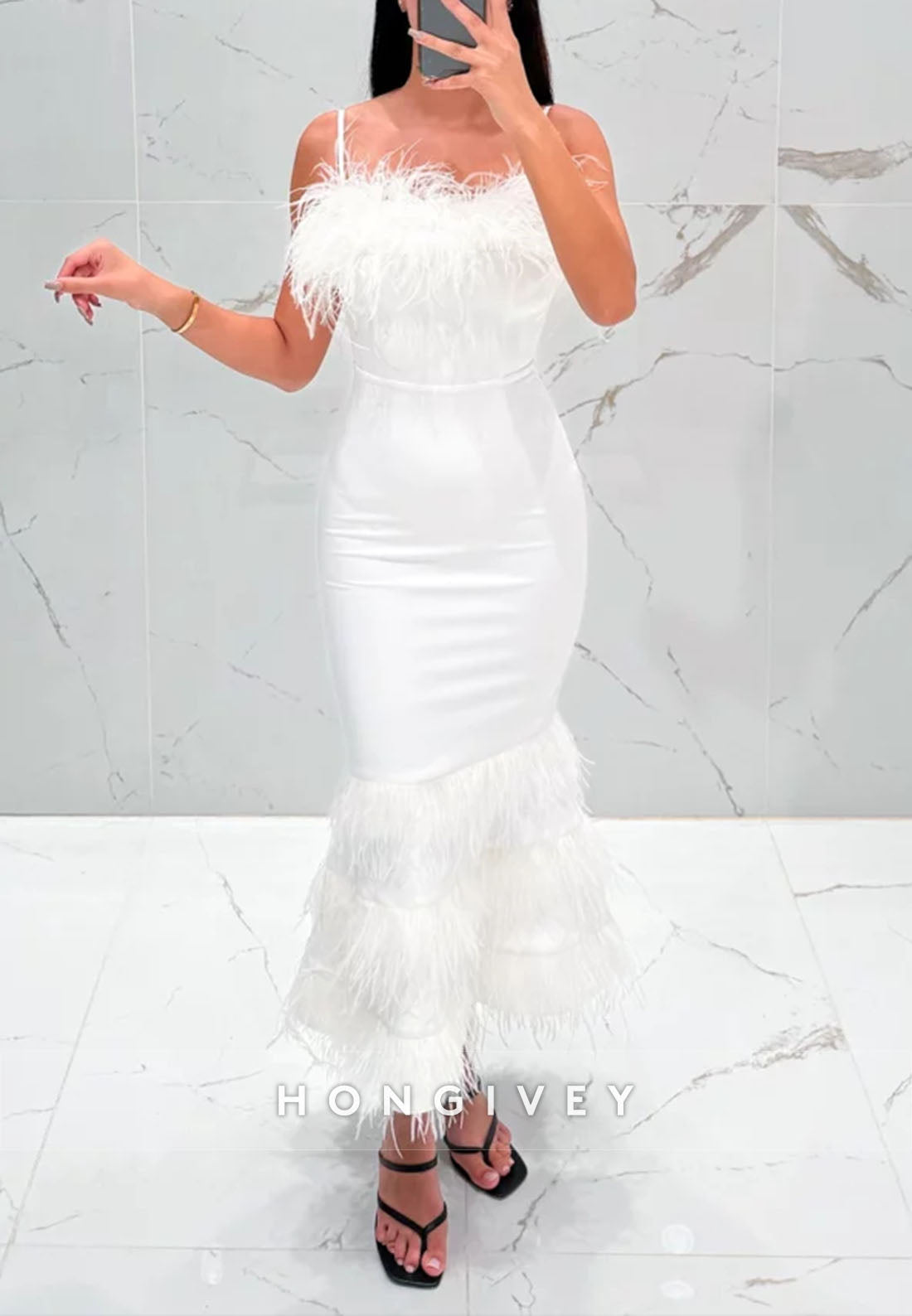 White Spaghetti Straps Ankle-Length Mermaid Evening Gowns with Feather