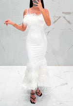White Spaghetti Straps Ankle-Length Mermaid Evening Gowns with Feather