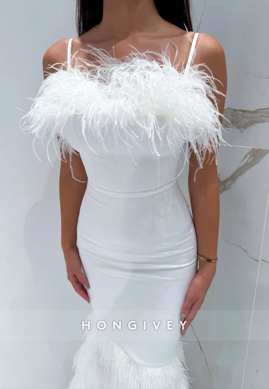 White Spaghetti Straps Ankle-Length Mermaid Evening Gowns with Feather