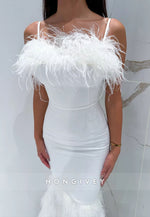 White Spaghetti Straps Ankle-Length Mermaid Evening Gowns with Feather