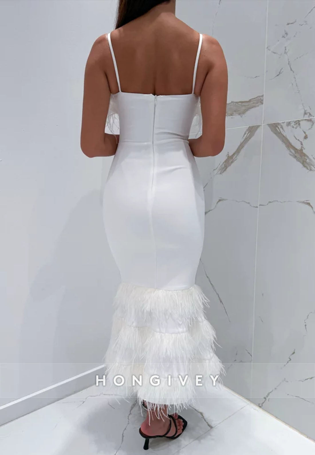 White Spaghetti Straps Ankle-Length Mermaid Evening Gowns with Feather