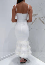 White Spaghetti Straps Ankle-Length Mermaid Evening Gowns with Feather