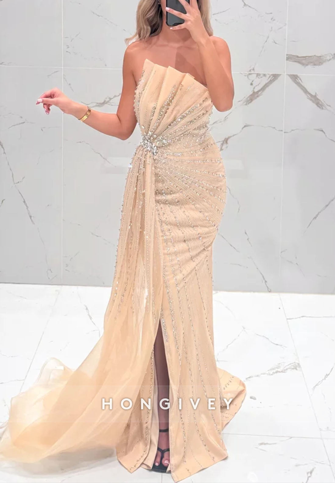 Strapless Mermaid Floor-Length Side Draping Evening Gown with Side Slit