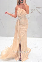 Strapless Mermaid Floor-Length Side Draping Evening Gown with Side Slit