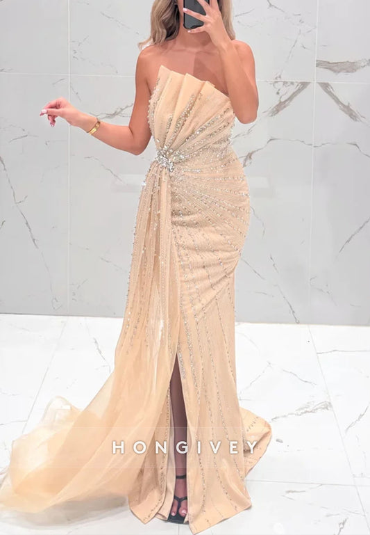 Strapless Mermaid Floor-Length Side Draping Evening Gown with Side Slit