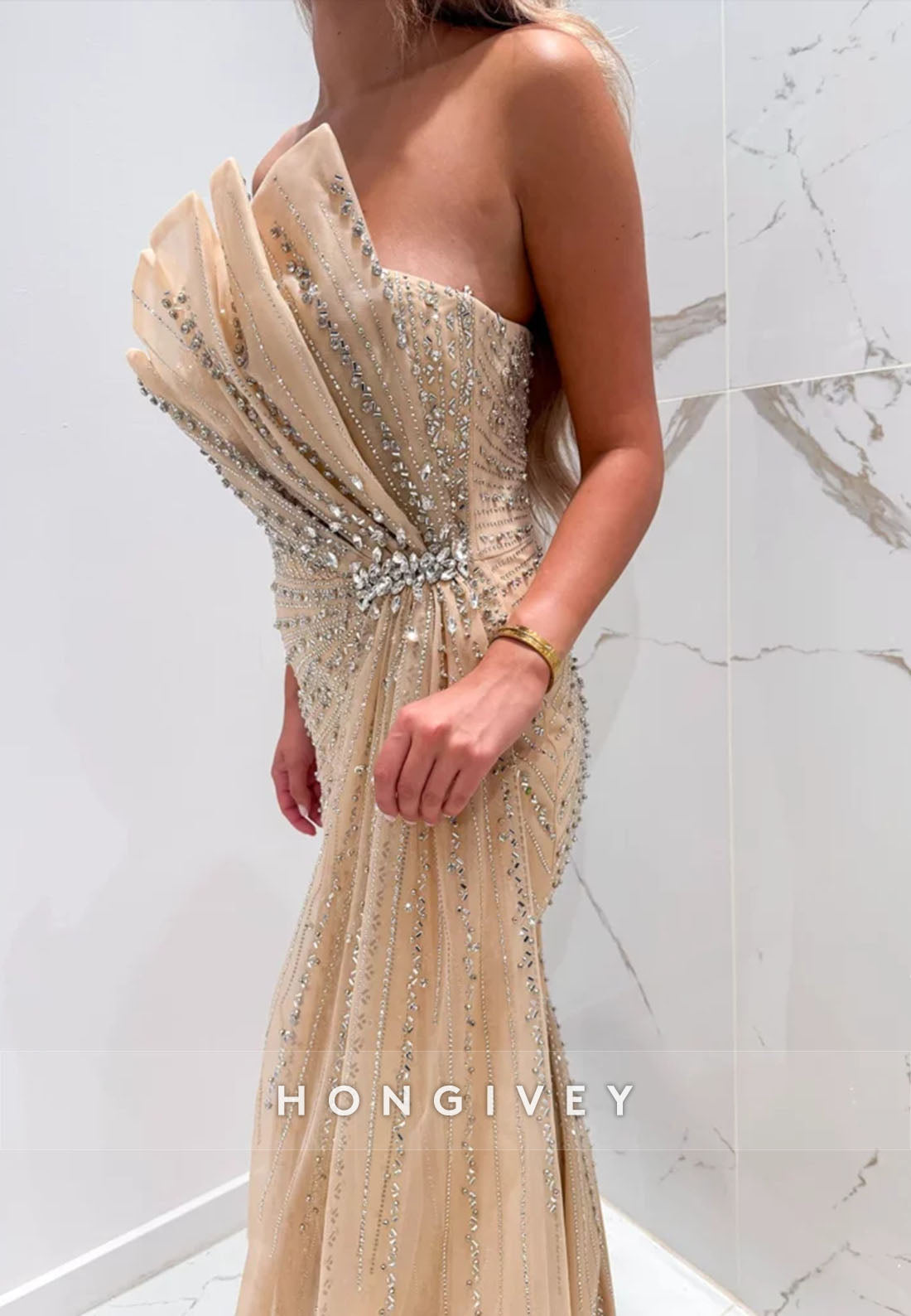 Strapless Mermaid Floor-Length Side Draping Evening Gown with Side Slit