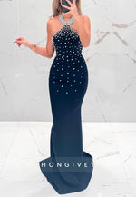 Halter Neck Navy Blue Floor-Length Mermaid Evening Gown with Beading