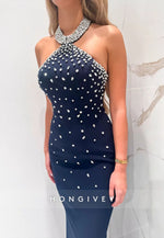 Halter Neck Navy Blue Floor-Length Mermaid Evening Gown with Beading
