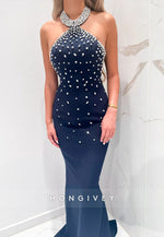 Halter Neck Navy Blue Floor-Length Mermaid Evening Gown with Beading