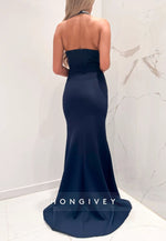 Halter Neck Navy Blue Floor-Length Mermaid Evening Gown with Beading