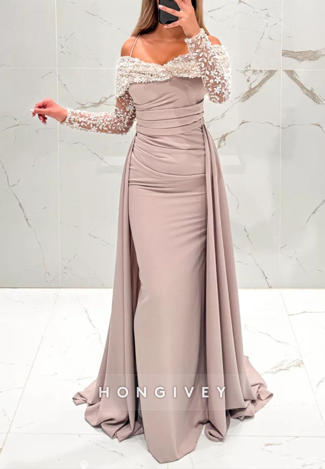 Spaghetti Straps Detachable Off-Shoulder Floor-Length Evening Gown with Beading