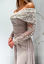 Spaghetti Straps Detachable Off-Shoulder Floor-Length Evening Gown with Beading